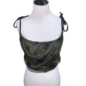 Romwe Women's L Large Sleeveless Crop Top Lace Overlay Floral Y2K Green